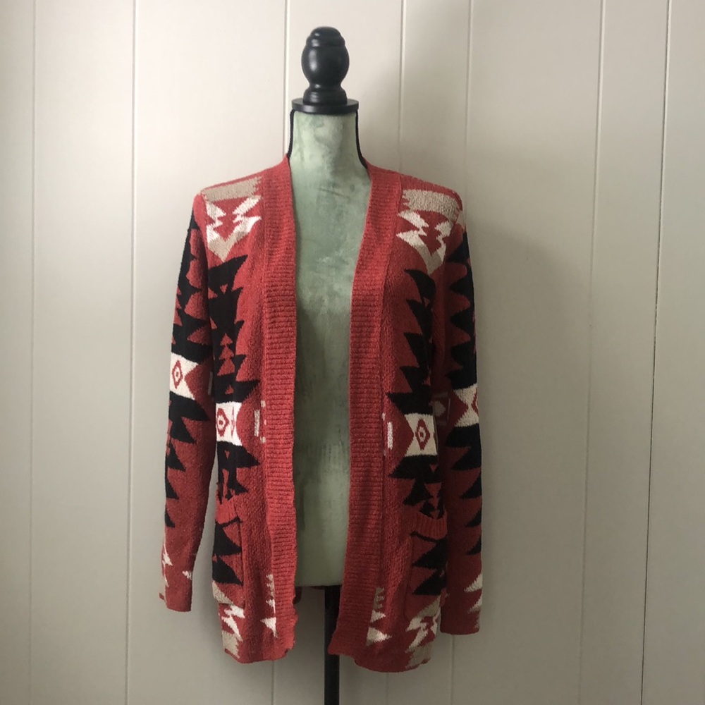 Red and black Aztec print cardigan with pockets